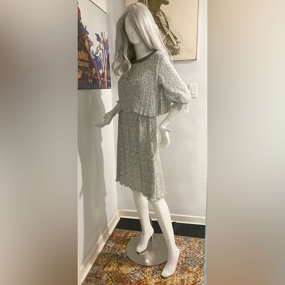 Vintage Look Pleated Dress w/Beaded Neckline - White with Small Flower Pattern